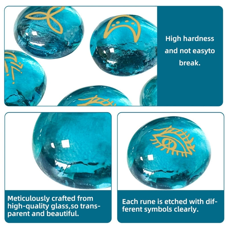 Blue glass runes with gold etched symbols on a blue background
