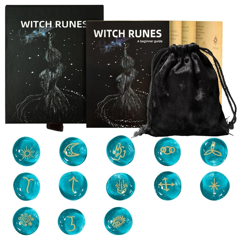 Witch Runes set with books, drawstring bag, and blue runes with gold symbols.