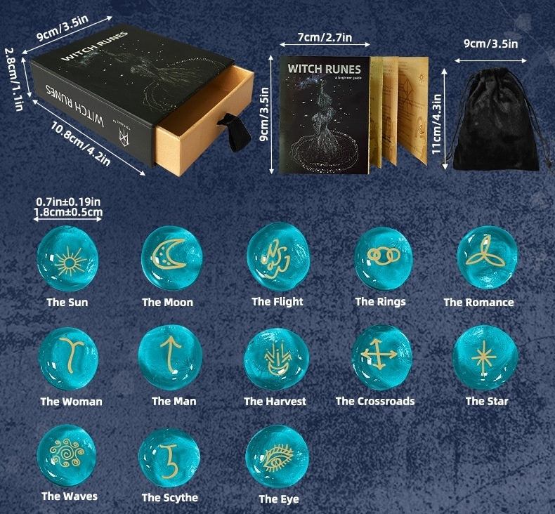 Witch runes set with packaging, dimensions, and rune symbols on a dark blue background.