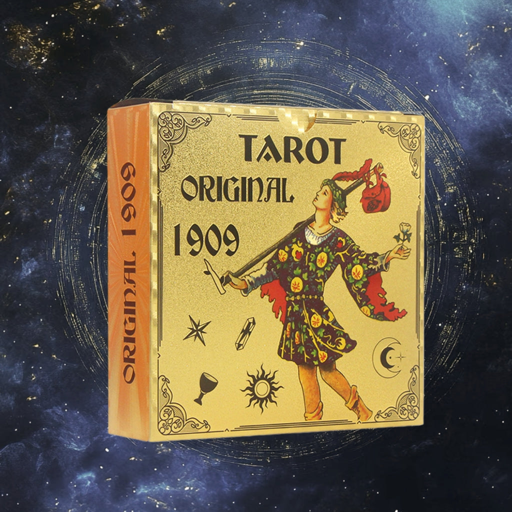 Tarot card box from 1909 on a starry background