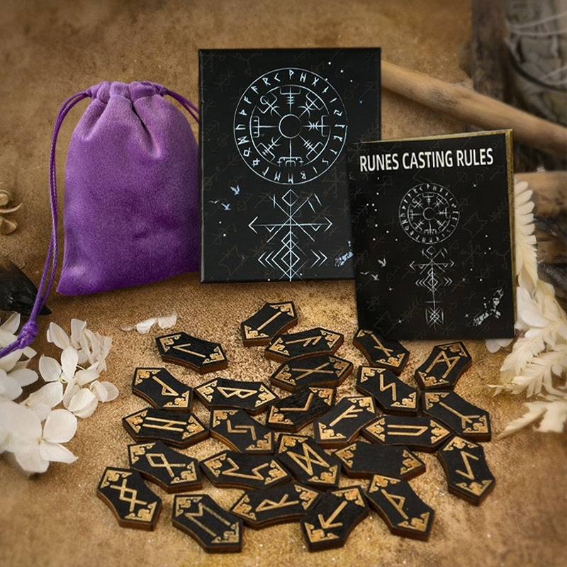 Foresight of the Norns: 25-Piece Hand-Engraved Wooden Viking Rune Set