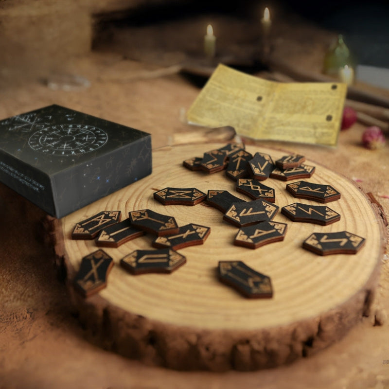 Foresight of the Norns: 25-Piece Hand-Engraved Wooden Viking Rune Set