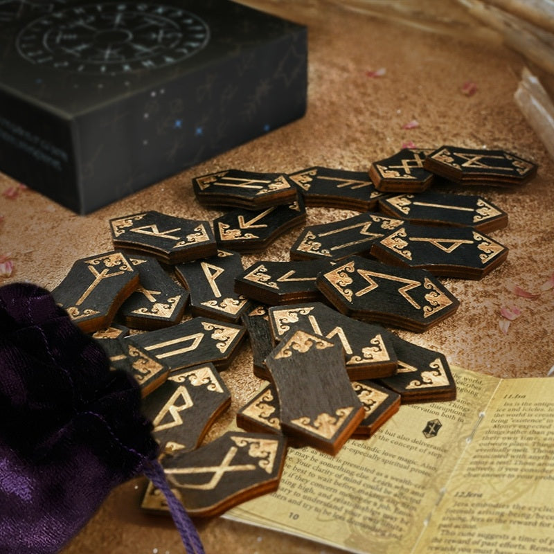 Foresight of the Norns: 25-Piece Hand-Engraved Wooden Viking Rune Set
