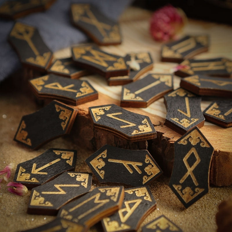 Foresight of the Norns: 25-Piece Hand-Engraved Wooden Viking Rune Set
