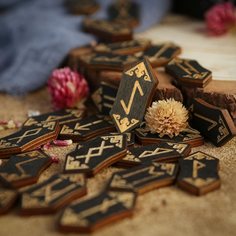 Foresight of the Norns: 25-Piece Hand-Engraved Wooden Viking Rune Set