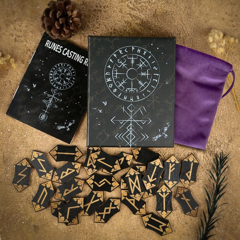 Foresight of the Norns: 25-Piece Hand-Engraved Wooden Viking Rune Set