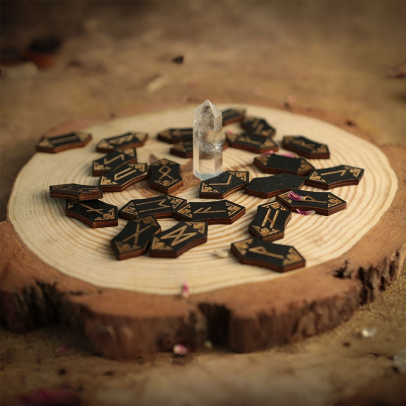 Foresight of the Norns: 25-Piece Hand-Engraved Wooden Viking Rune Set