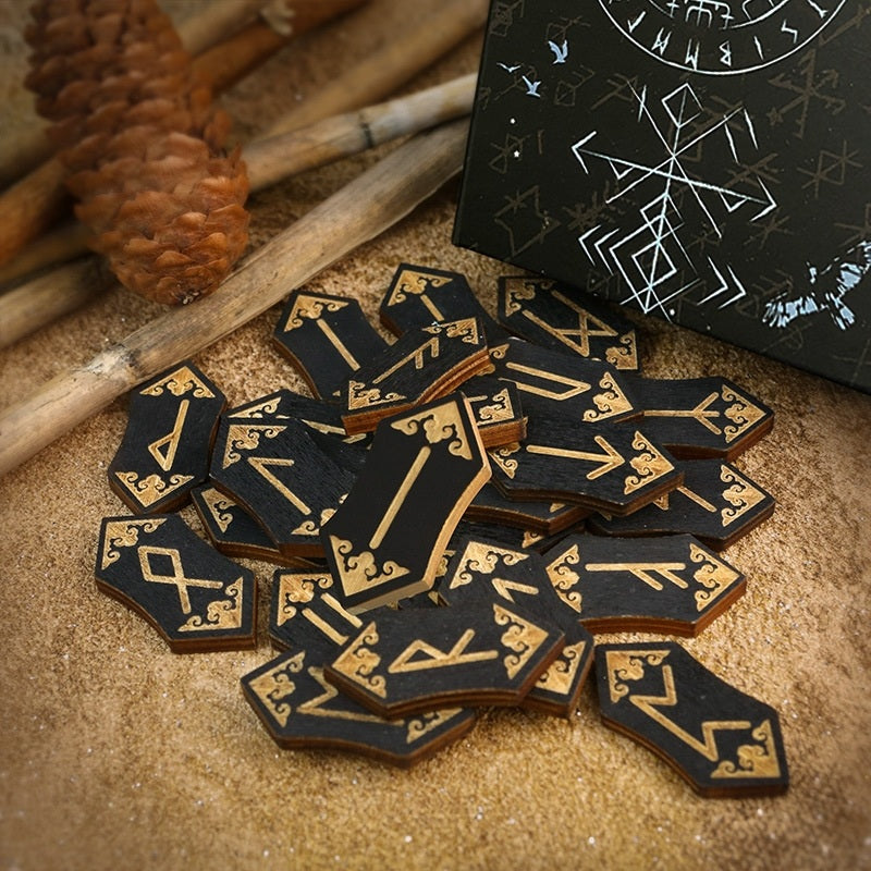 Foresight of the Norns: 25-Piece Hand-Engraved Wooden Viking Rune Set