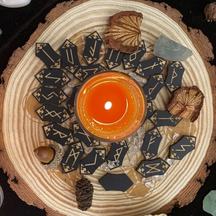 Foresight of the Norns: 25-Piece Hand-Engraved Wooden Viking Rune Set