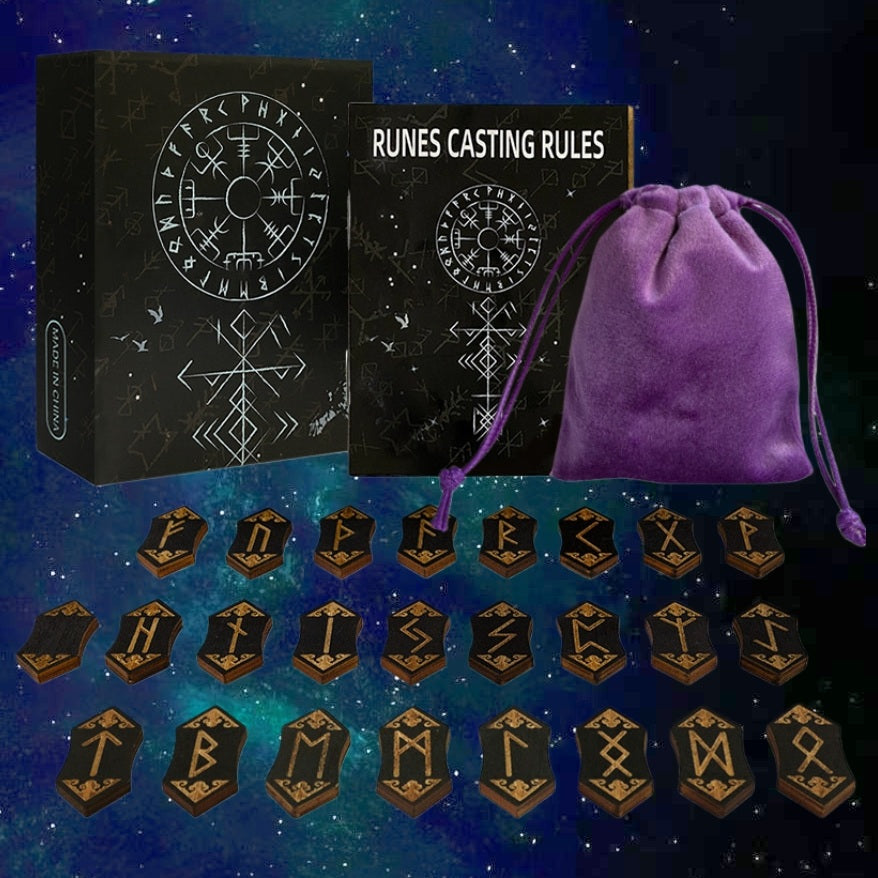 Foresight of the Norns: 25-Piece Hand-Engraved Wooden Viking Rune Set