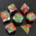 Set of colorful botanical resin polyhedral dice on a reflective black surface