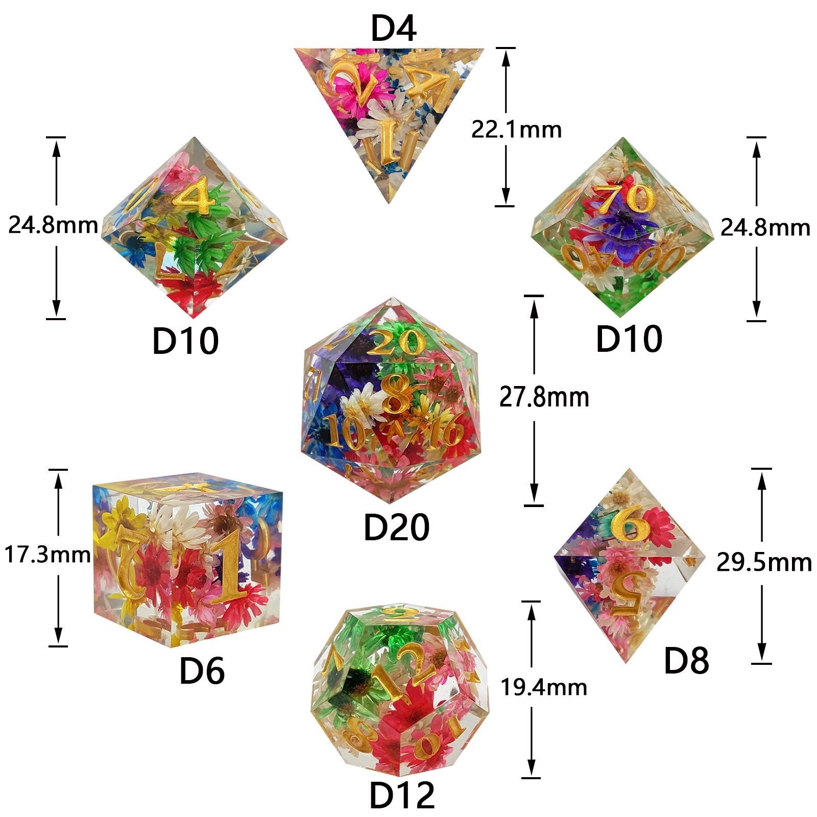 Set of colorful polyhedral dice with measurements on a white background