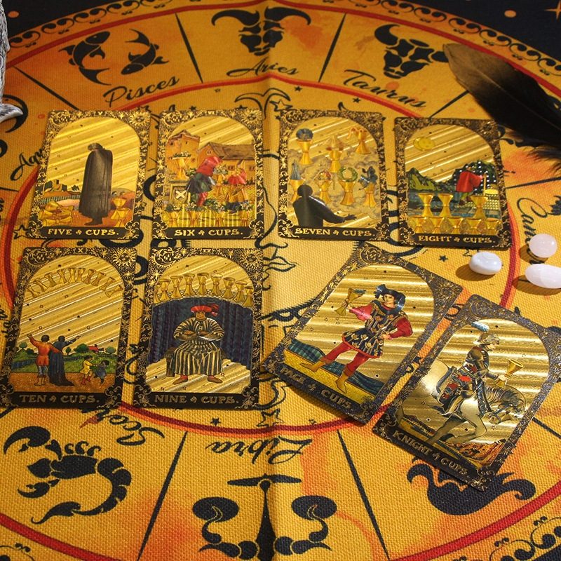 Close-up of tarot cards with a circular design at the top, featuring zodiac signs.