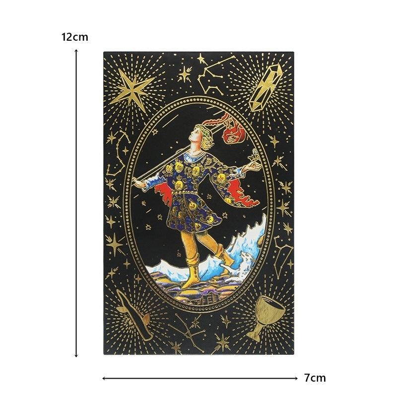 tarot card with astrological design and measurements on a white background