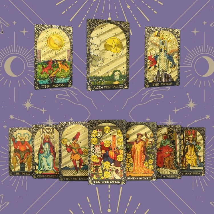 Set of tarot cards with star and moon symbols on a purple background