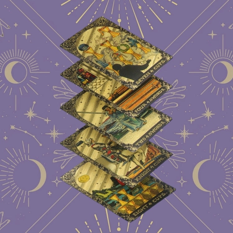 Stack of tarot cards on a purple background with celestial symbols