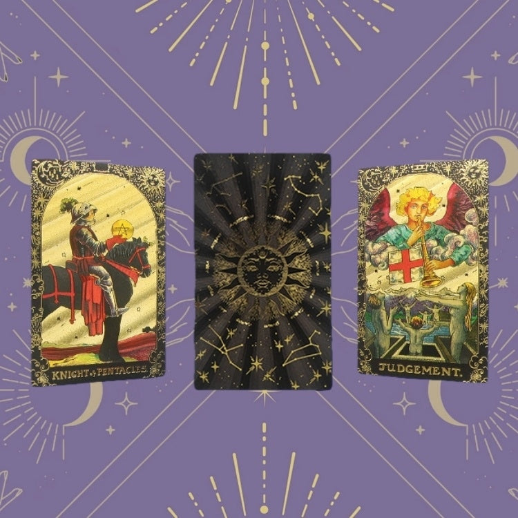 Three tarot cards on a purple background with astrological symbols
