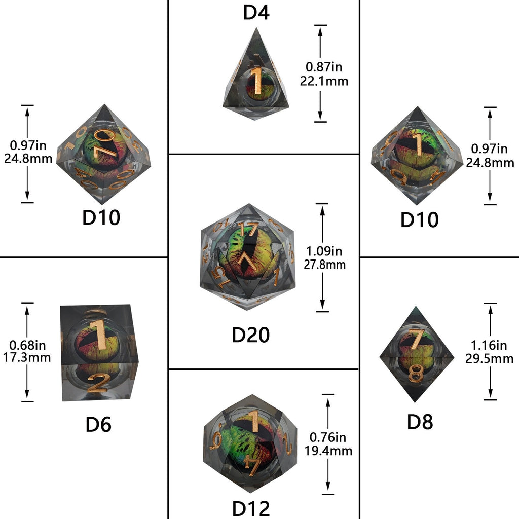 Set of Liquid Core DND Dice with measurements on a white background