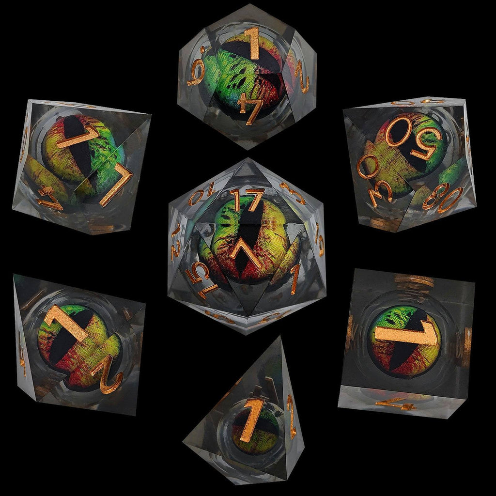 Set of Liquid Core DND Dice with colorful eye design on a black background