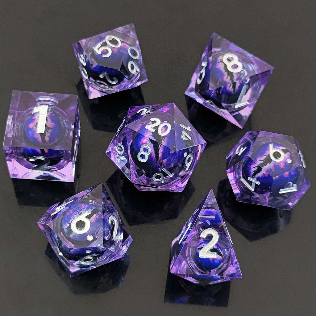 Set of purple Liquid Core DND Dice with numbers on a dark background