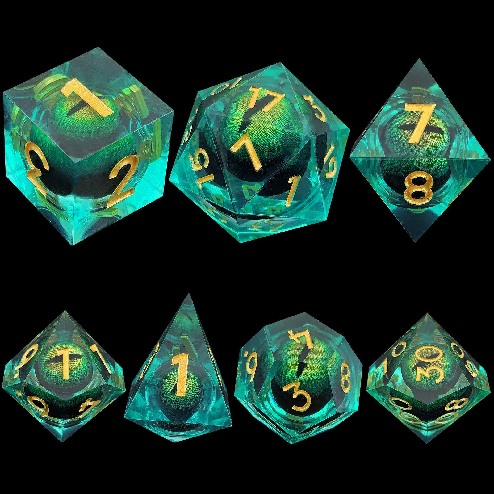 Set of green and blue dice with gold numbers on a black background