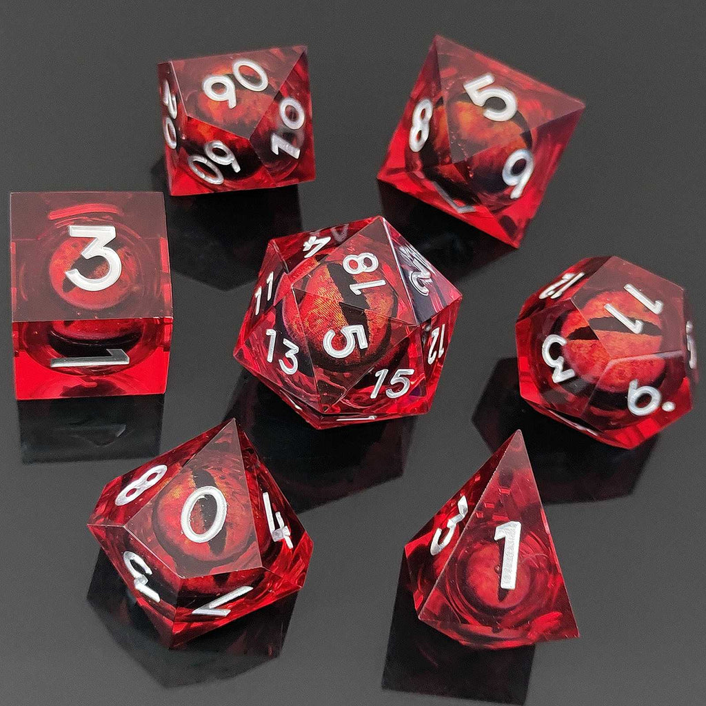 Set of red transparent dice with white numbers on a dark background