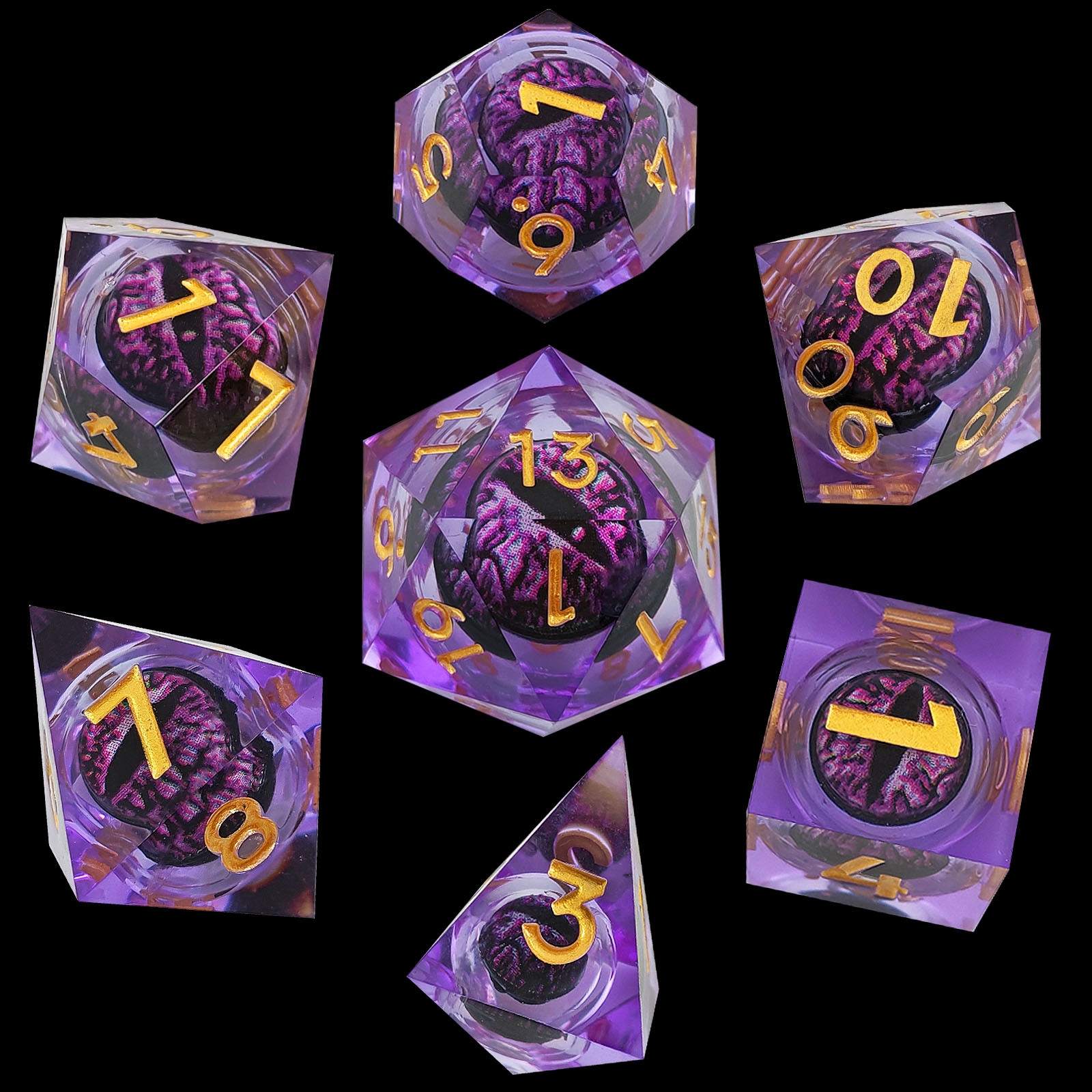 Set of purple Liquid Core DND Dice dice with gold numbers on a black background