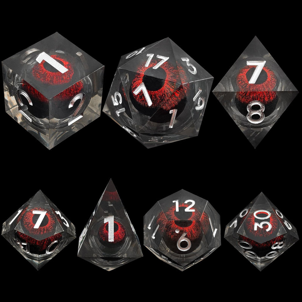 Set of transparent dice with red and black Dragon Eyes on a black background