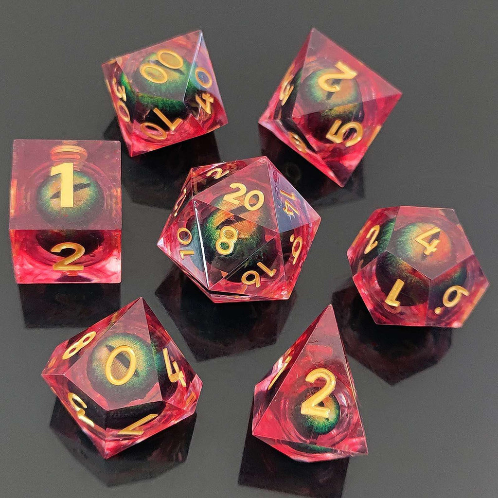 Set of colorful Dragon Eye Liquid Core DND Dice with numbers on a dark background