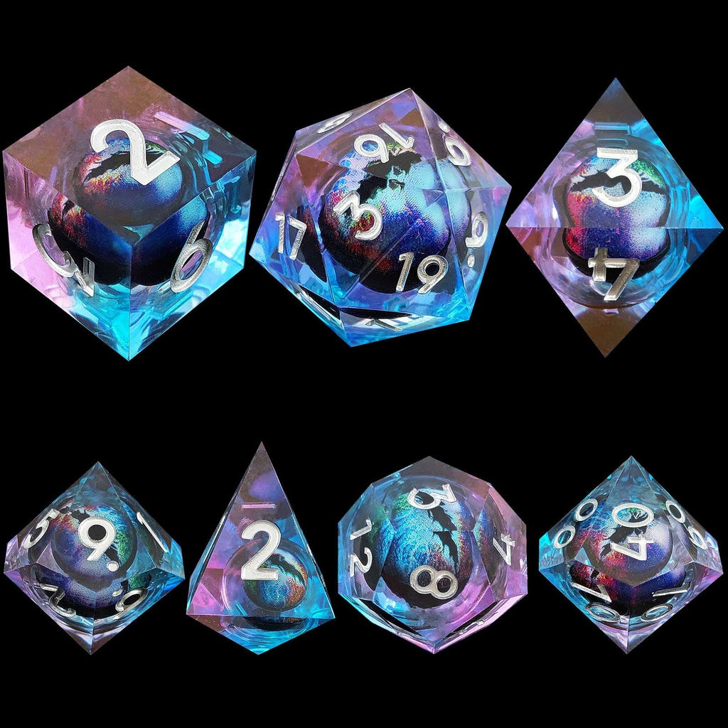 Set of colorful Dragon Eye Liquid Core DND Dice with numbers on a black background