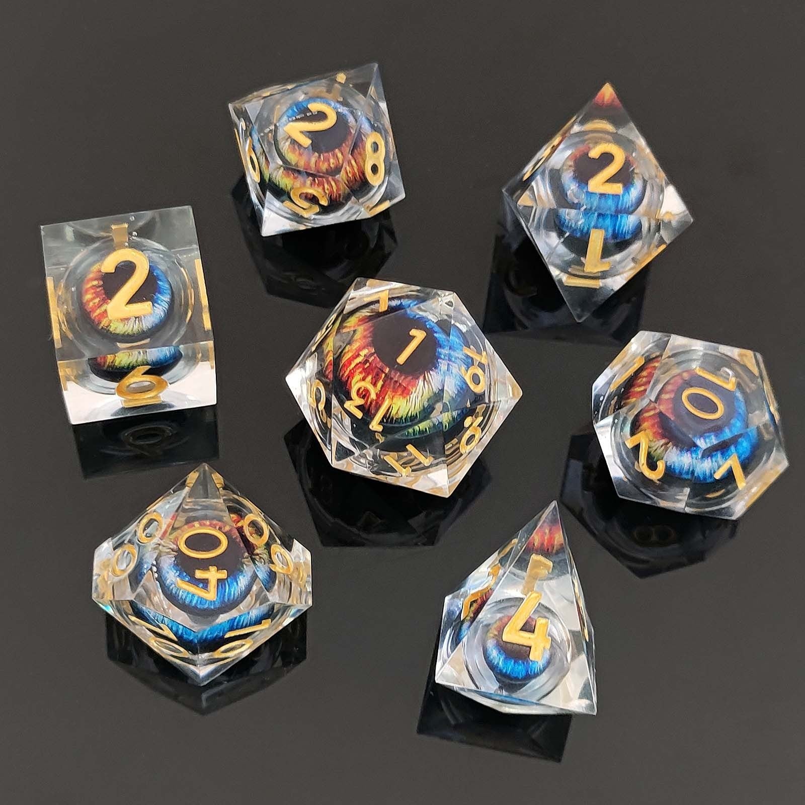 Set of colorful Dragon Eye Liquid Core DND Dice with numbers on a dark background