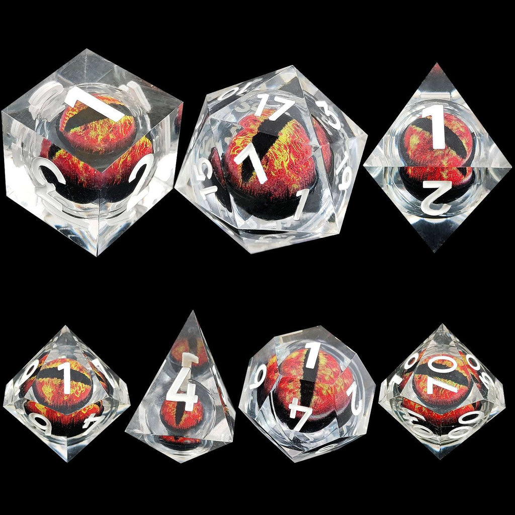 Set of crystal dice with dragon eye design on a black background