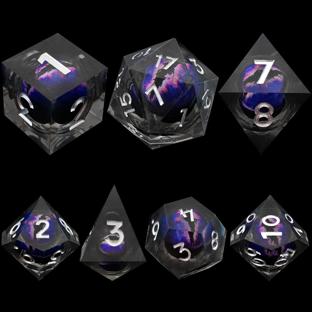 Set of Dragon Eye Liquid Core DND Dice with nebula design on a black background