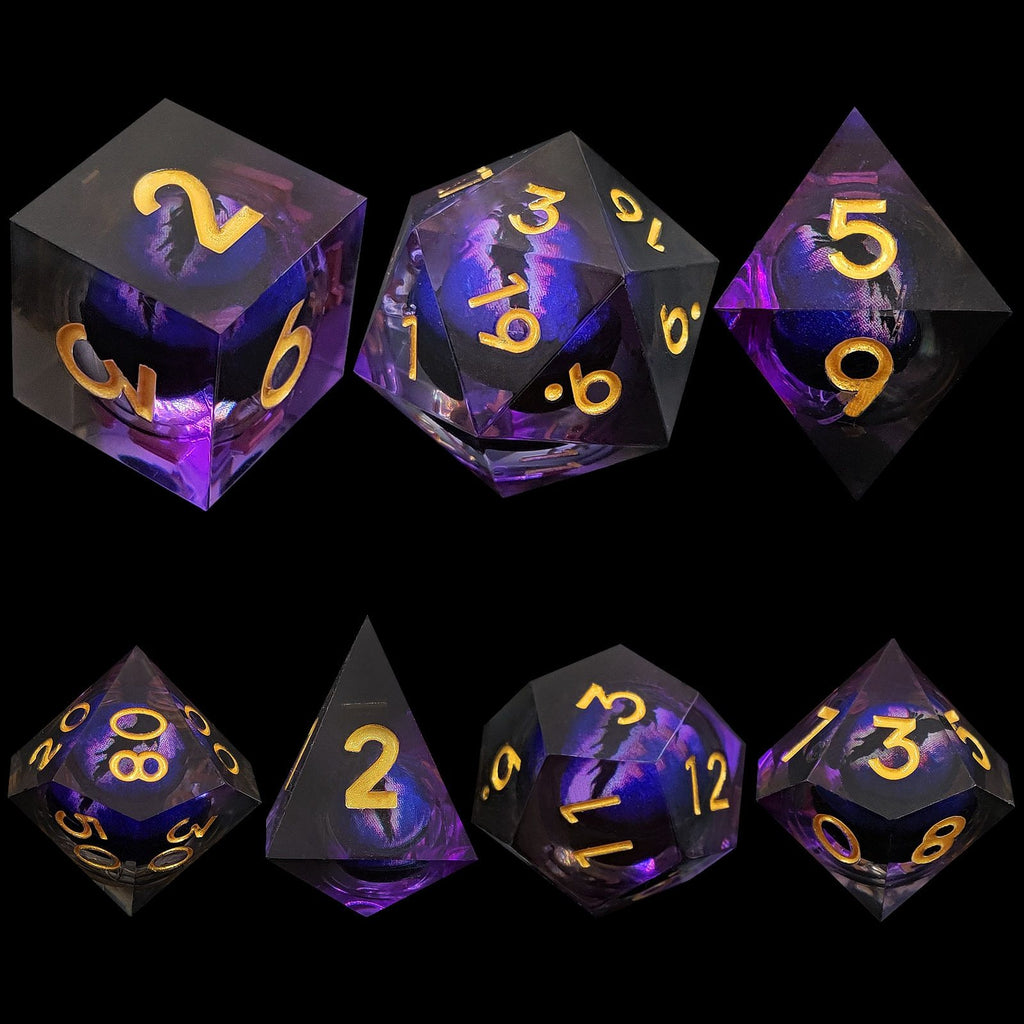 Set of purple and black Dragon Eye Liquid Core DND Dice with gold numbers on a black background