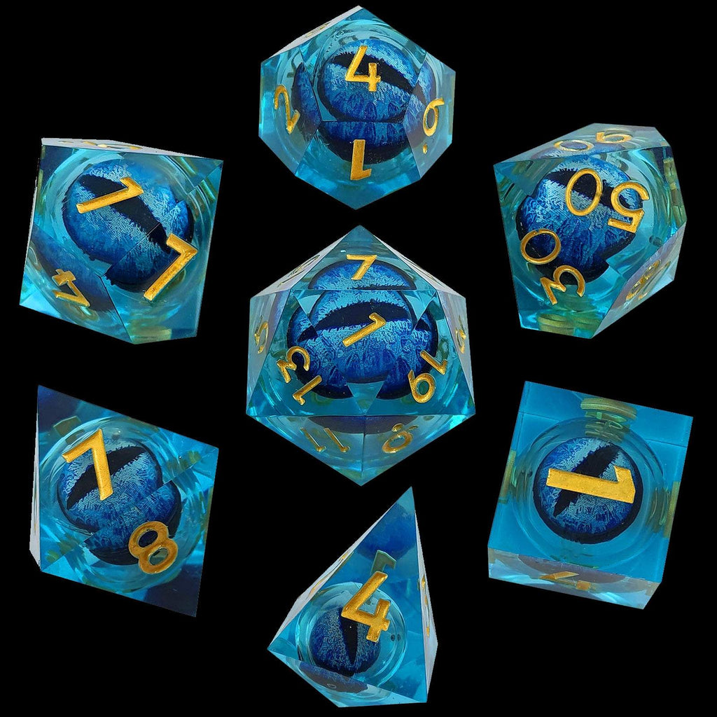 Set of blue Dragon Eye Liquid Core DND Dice dice with gold numbers on a black background