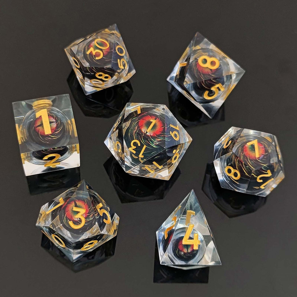 Set of clear dice with yellow numbers on a dark background