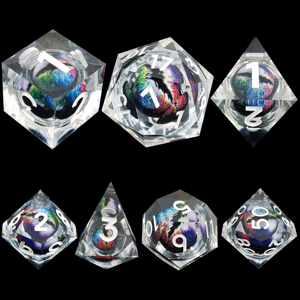 Set of clear Dragon Eye Liquid Core DND Dice with colorful numbering on a black background