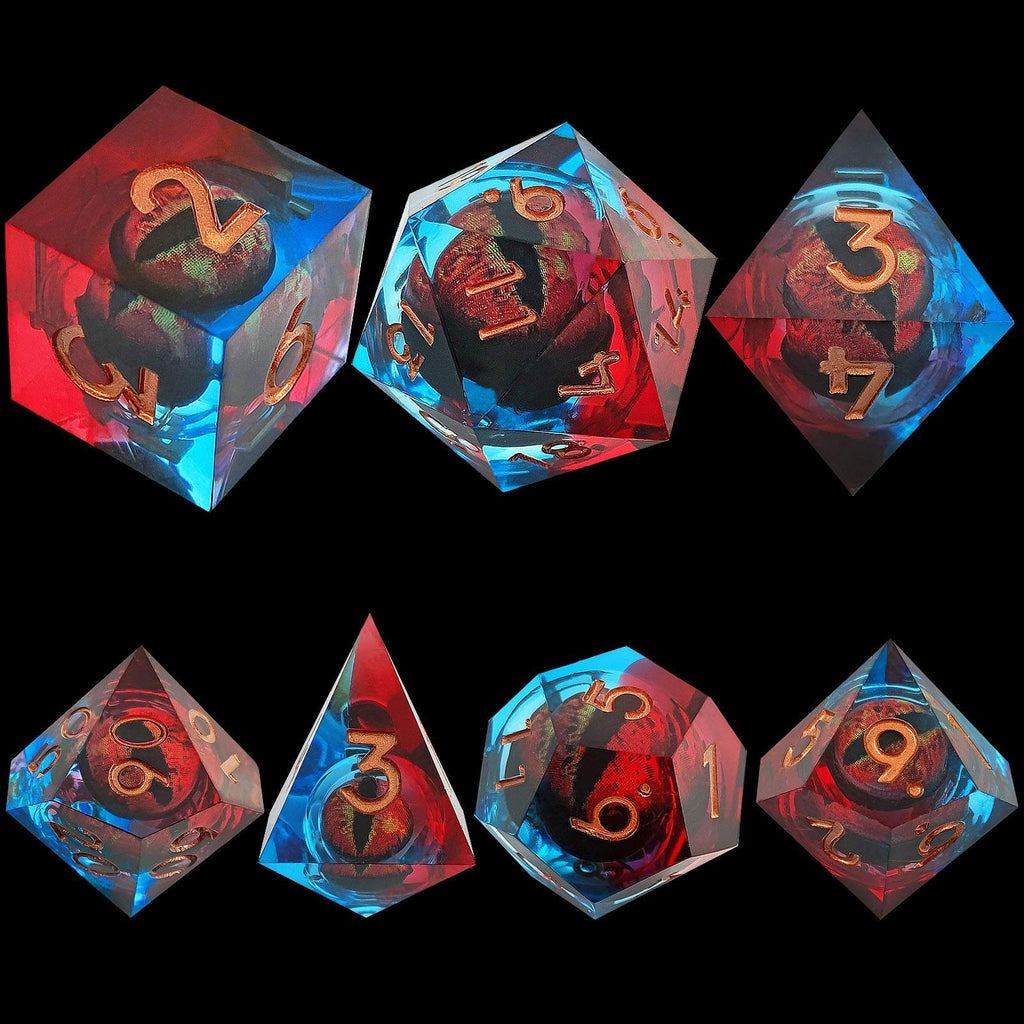 Set of colorful Dragon Eye Liquid Core DND Dice with numbers on a black background