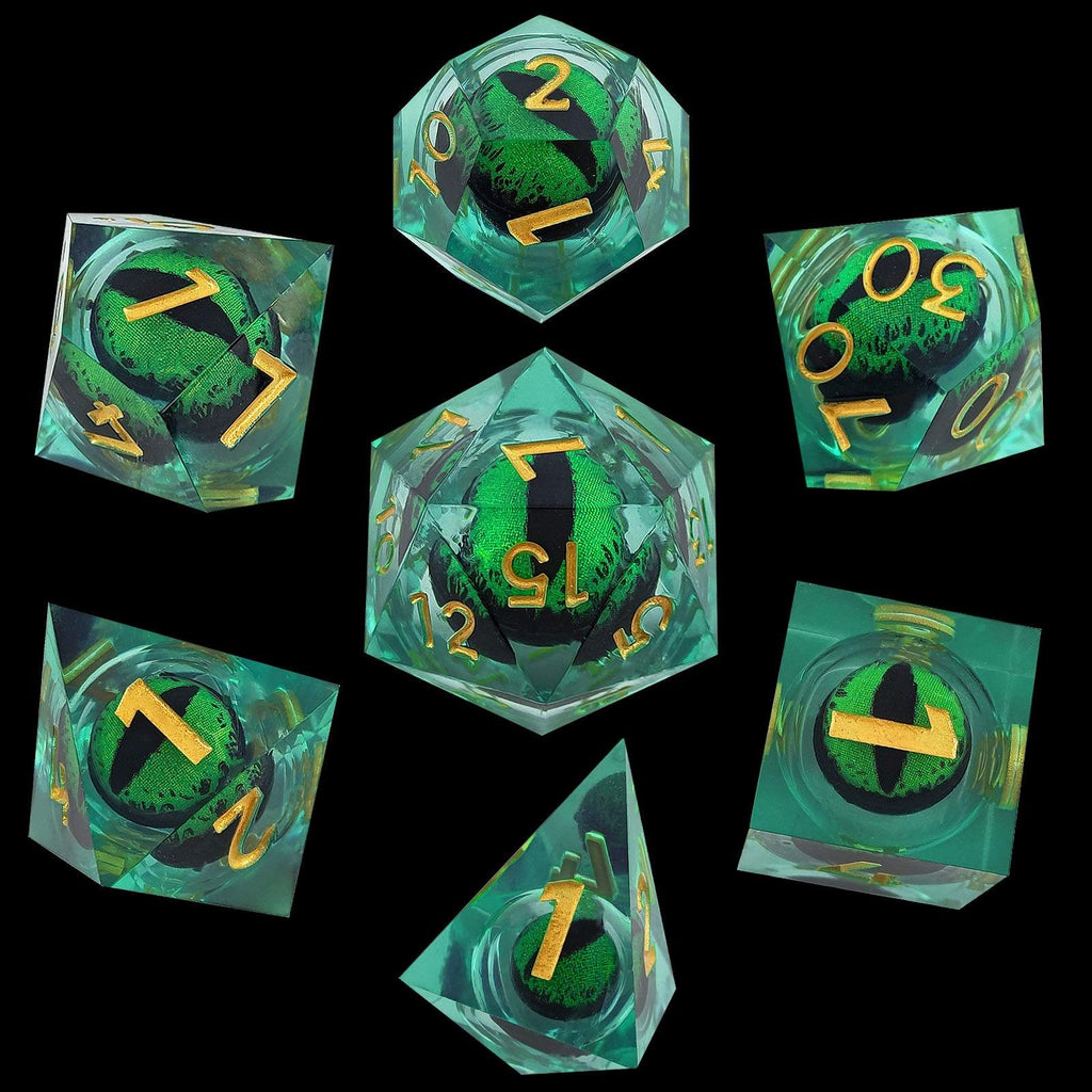 Set of green and black Dragon Eye Liquid Core DND Dice with gold numbers on a black background