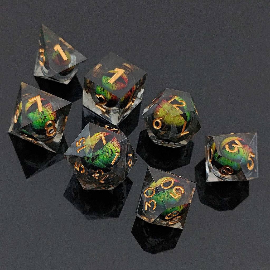Set of colorful Liquid Core DND Dice set on a dark background