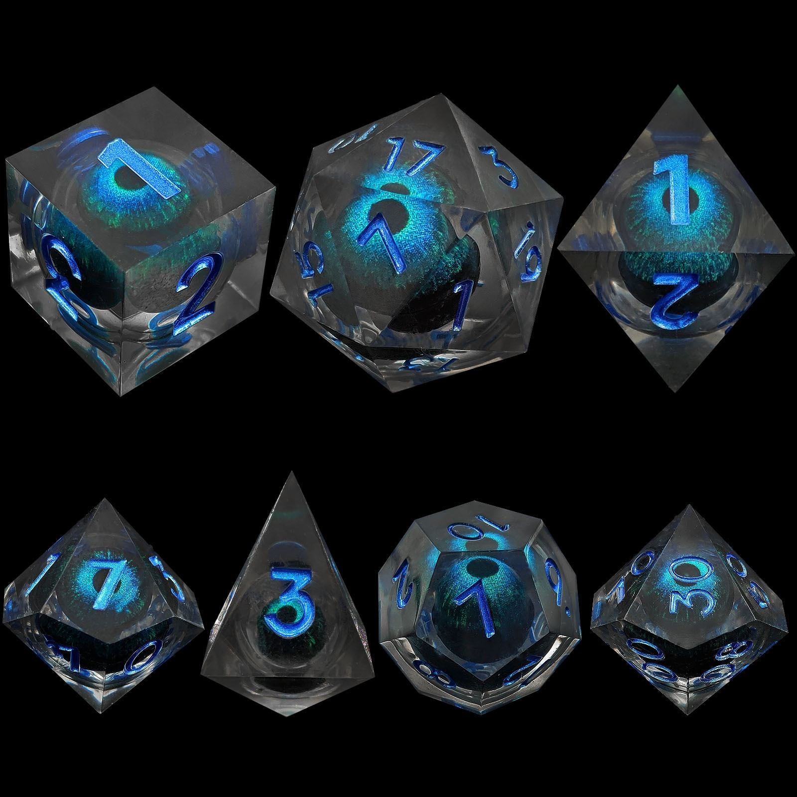 Set of six transparent Dragon Eye Liquid Core DND Dice with blue numbering on a black background