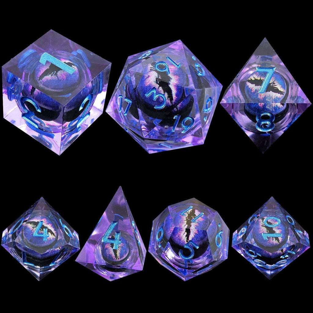 Set of crystal Dragon Eye Liquid Core DND Dice with glowing blue numbers on a black background