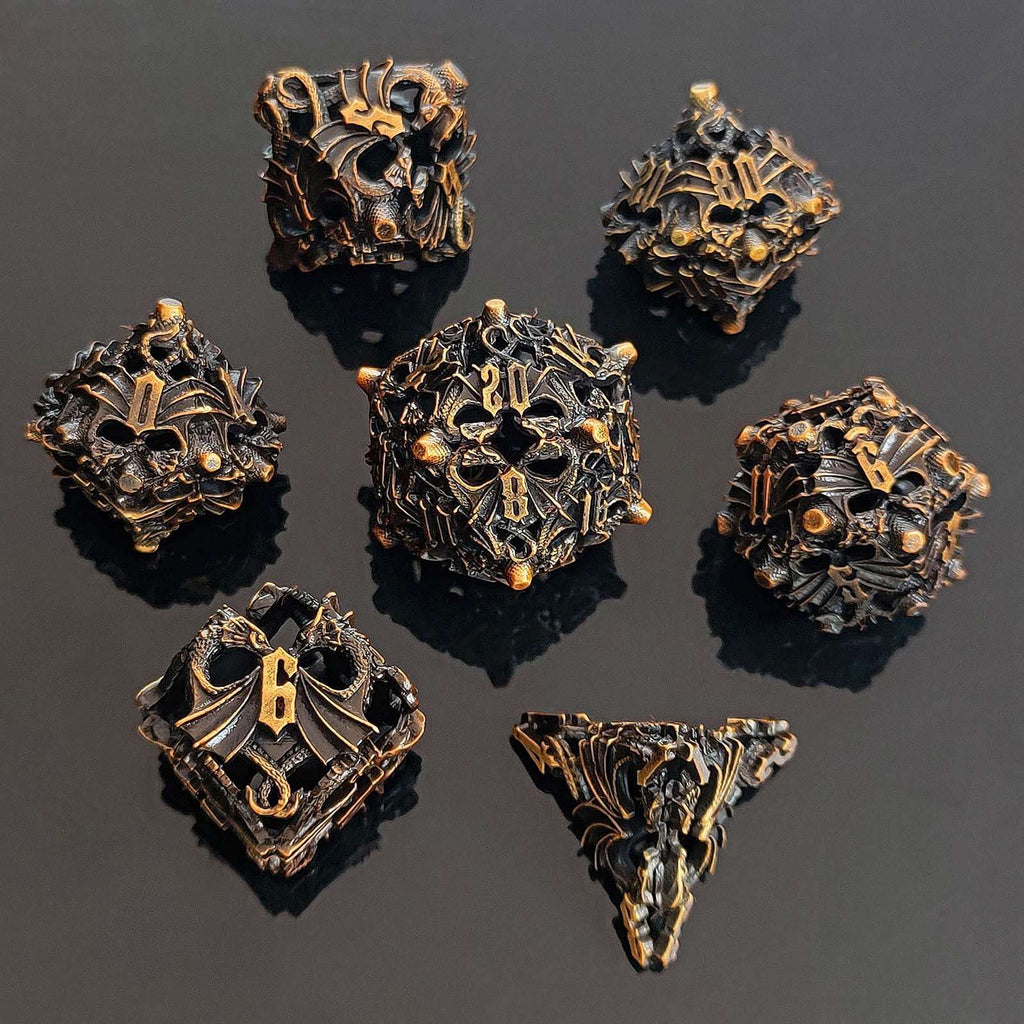 Dragon Hollow Metal D&D Dice with intricate designs on a dark surface