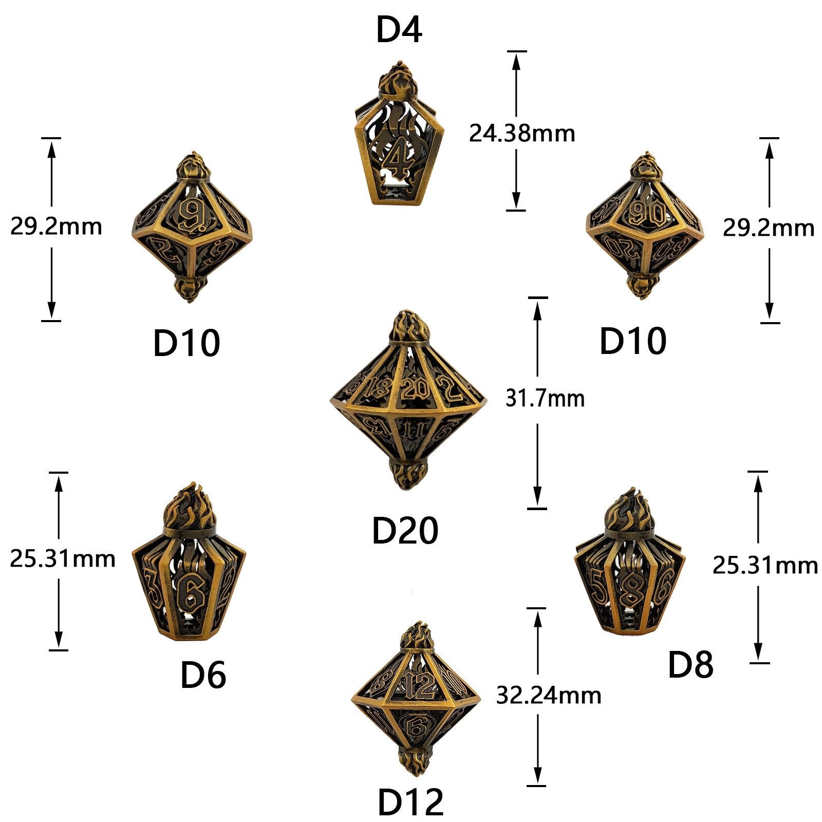 Set of polyhedral hollow metal dice with measurements on a white background