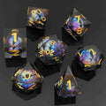 Set of colorful Floating Dragon Eye Liquid Core DND Dice with gold numbers on a dark background