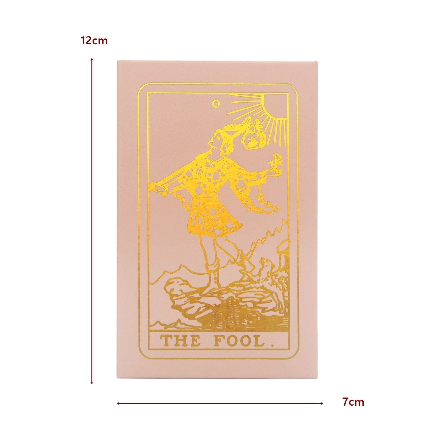 Gold Foil Tarot card featuring 'The Fool' with yellow illustration on a beige background, showing dimensions.