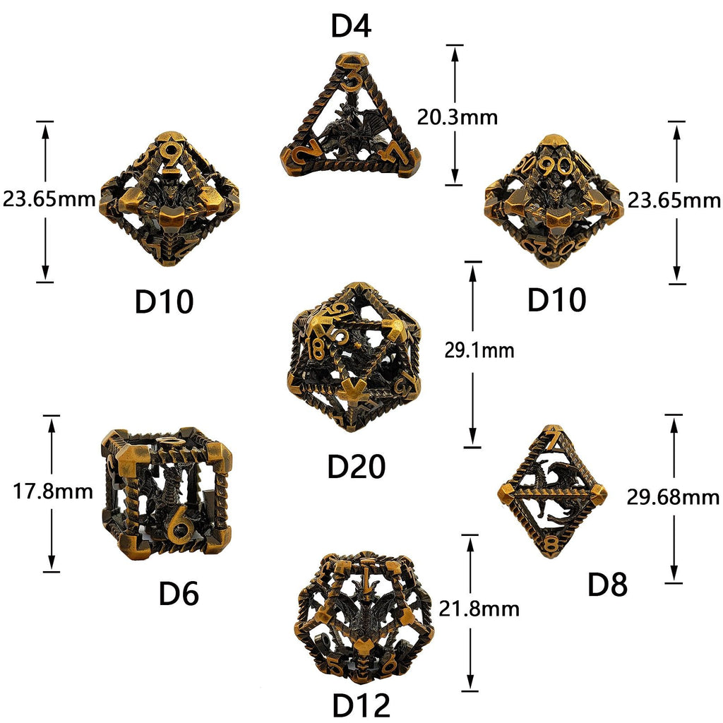 Set of steampunk-style dice with measurements on a white background
