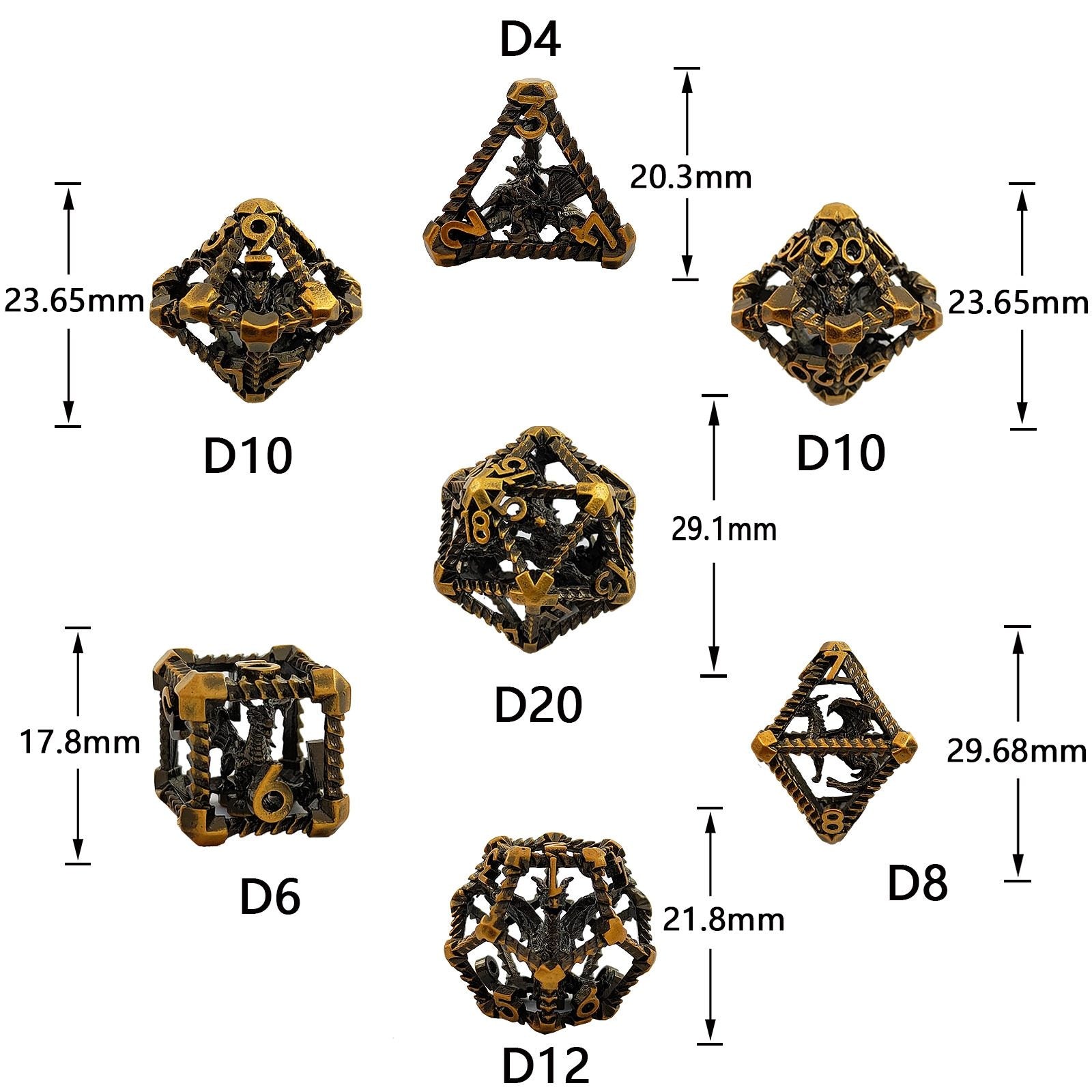 Set of steampunk-style dice with measurements on a white background