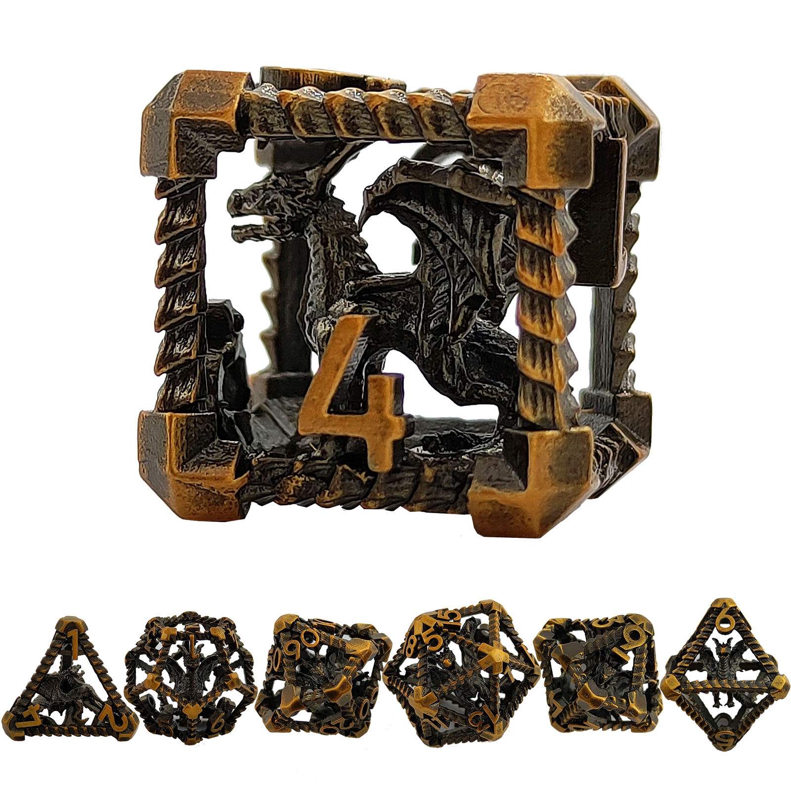 Decorative metal Copper Polyhedral RPG dices with a dragon design and number '42' on a white background