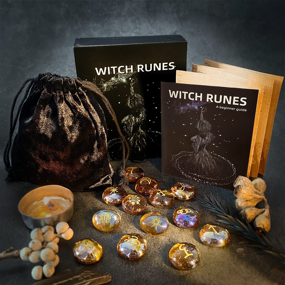 Witch Runes set with class runes, guidebook, and pouch on a dark background